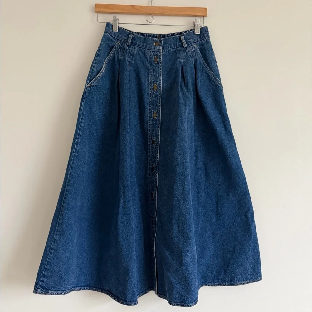 VTG Denim Midi Skirt Buttons - Picture 1 of 5